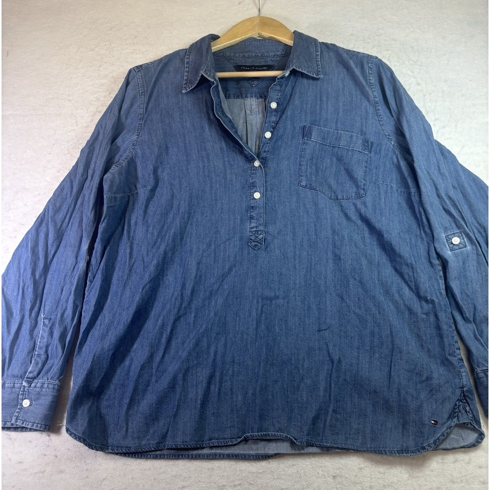 Tommy Hilfiger Womens Blue Chambray Cotton Popover Shirt Roll Tab Sleeve XL